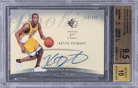 2007-08 SP Authentic Rookie Autographs #152 Kevin Durant Signed Rookie Card (#223/399) - BGS GEM MINT 9.5/BGS 10